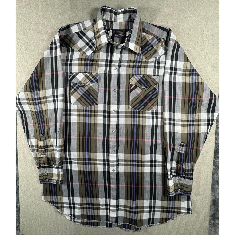 Vintage Panhandle Slim Mens 2XL Beige Western Plaid Pearl Snap Shirt USA Made